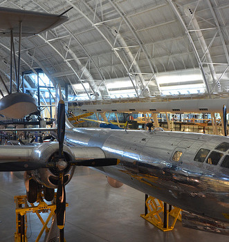 Steven F. Udvar-Hazy Center: south hangar panorama, such as Vought OS2U-3 Kingfisher seaplane, B-29 Superfortress “Enola Gay”, amongst other folks